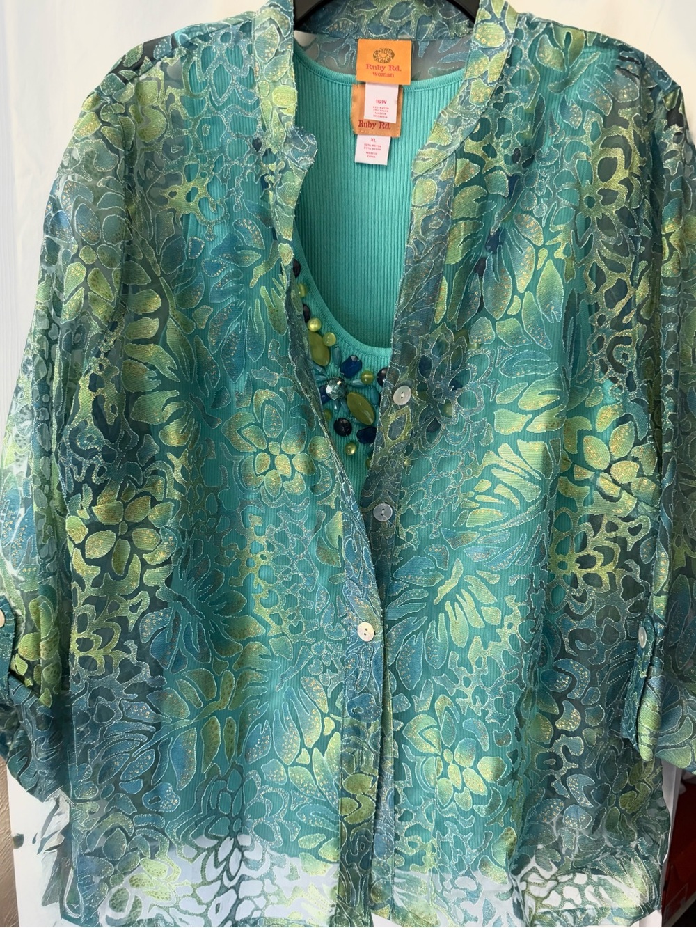 Ruby Rd. Teal and Lime Floral Sheer Button-Down Blouse